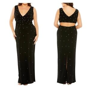 Mac Duggal 68353 Black Rhinestone Jersey Gown Open Back 18W NWT